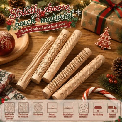 Yookeer 5 Pcs Mini Embossed Rolling Pin Set for Pottery Clay Cookies | 5.9 Inch, No Handle Design, Leaves Snowflake Pebbles Curve Tree Lines Pattern, Wood Material, Cute Kitchen Tool