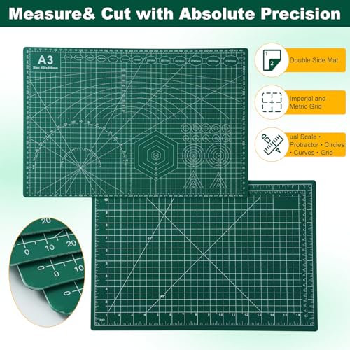 A3 Self Healing Cutting Mat Set, 5 Pack Double-Sided PVC Cutting Mats for Crafts with Inch, Metric, and Angle Guides for Sewing, Quilting, and DIY Cutting