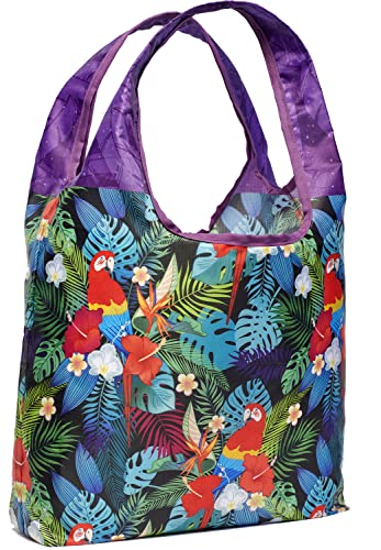 O-WITZ Reusable Grocery Bags | Vibrant Tote Bag For Groceries, Gym, Office, Beach, Toys & More | Washable Design With Large Handles For Maximum Convenience | Folds Into A Small Pouch, Parrots purple - color: Parrots Purple