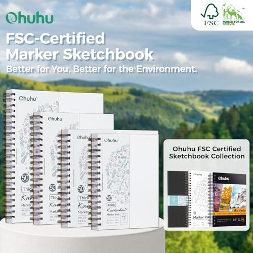 Ohuhu 5.5"x8.5" Double-Sided Bleedproof Marker Pad Art Sketchbook 50 Sheets | Small Sketch Book - 160 LB/280 GSM Smooth Drawing Paper - 50 Sheets/100 Pages - Spiral-Bound Sketch Pad for Alcohol Markers - size: 5.5" x 8.5"