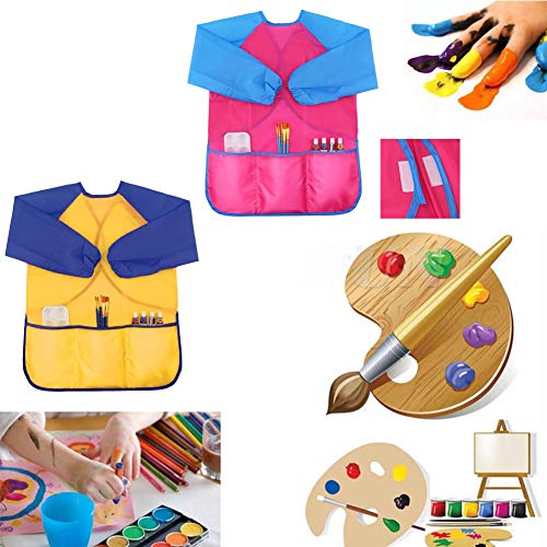 Zkptops 2 Pack Kids Art Smock Colorful Waterproof Children Art Aprons Artist Painting Aprons with Long Sleeve 3 Roomy Pockets for Age 3-7 Years,Yellow and Pink - color: 2 Pack Pink/Yellow