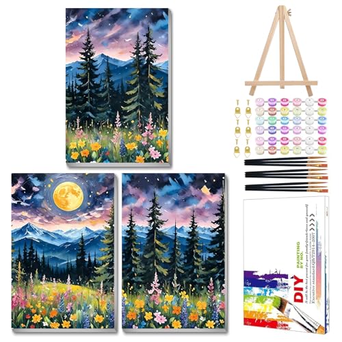 Mandun Landscape Paint by Numbers Kit for Adults, 3 Pack, 7.8x11.8 inch | DIY Painting Kits Crafts for Adults, Relieve Stress, Frame Canvas, Wooden Easel, Gift Box, Home Wall Decor - color: 3 Pack Landscape Forest