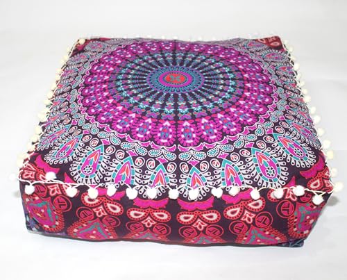 CK 40.6x40.6x12.7cm(16x16x5인치) 정사각형 바닥 쿠션 커버, 핑크 공작 만다라 푸프 커버, 면 오토만 베개 커버, 거실, 침실 및 요가용 보헤미안 장식 명상 바닥 베개 커버(커버만 해당) - color: 핑크, size: 16"D x 16"W x 5"H