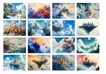 Decoupage Paper Pack (35 Sheets 6"x8") Floating Castles Dreamscape ~ Fantasy Paintings of Majestic Castles in Clouds, Floating Islands, and Surreal Sky Kingdoms in Luminous Fantasy environments - color: Nine