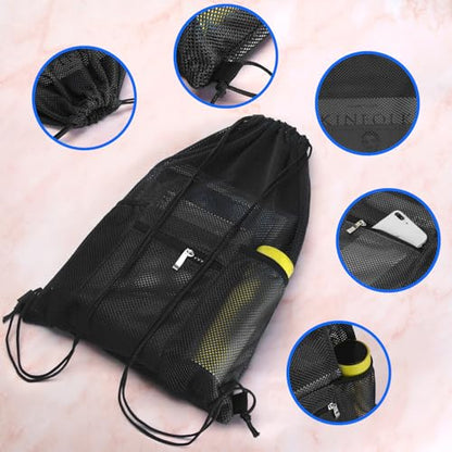 NATURAL STYLE Mesh Drawstring Backpack Bag, Gym Sports Bag with Zipper Pocket Bottle Holder, String Beach Bag for Swiming Travel (Black) - color: Black