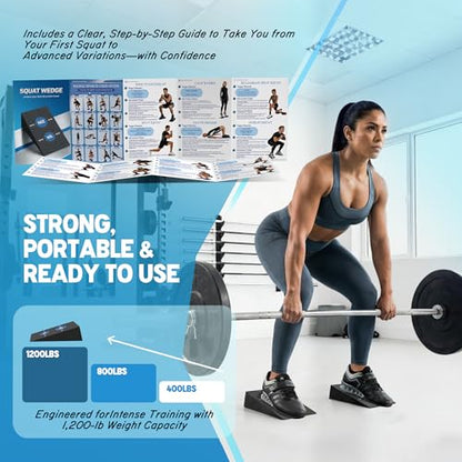 Squat Wedge for Heel Elevated Squats: Portable Non-Slip Blocks with Instructions for Leg & Glutes Exercises - Improve Squat Depth, Knee Mobility, Keep Proper Form for Home, Gym & Studio