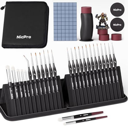 Nicpro Professional Miniature Painting Kit - 25PCS Miniature Paint Brushes Drybrush with Magnetic Painting Handle, Model Paint Brushes for Miniatures, Model, Craft, Acrylic Painting, with Nylon Bag - color: Black