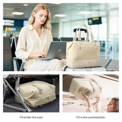 Travel Duffle Bag for Women, 40L Weekender Bags Airline Approved Carry On with Shoe Compartment & Waterproof Wet Pocket, Durable Nylon Weekender Overnight Bag for Travel, Gym, Business Trip, Beige - color: Beige