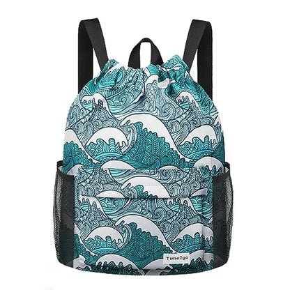 Waterproof Drawstring Backpack Sports Gym Sackpack with Mesh Pockets Water-Resistant String Cinch Beach Bag for Men Women - color: Print - Blue Waves