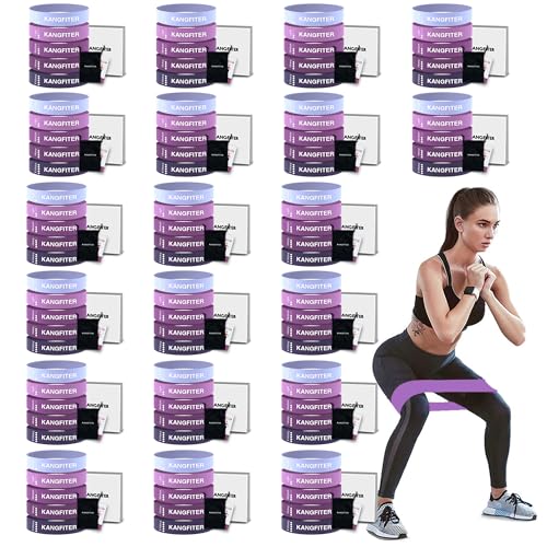KANGFITER 100 PCS Bulk Resistance Bands Latex for Gym Members Students Gift | 5 Pieces Each Set with Storage Bag and Manual, Fitness Bands for Outdoor Home Gym Yoga Pilates - color: Purple 100PCS