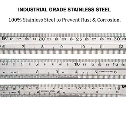 ZZTX Metal Ruler 6 Inch 12 Inch 16 Inch Stainless Steel 3 Pack | Rust-proof, Straight edge, Precise markings, Clear read