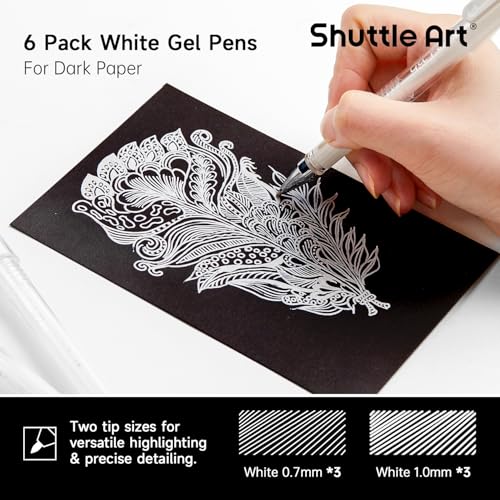 Shuttle Art White Gel Pens, 6 Pack 0.7mm, 1.0mm Gel Ink Pens Fine Point for Black Paper Highlighting Card Making Scrapbooking Coloring Writing Drawing Journaling Note Taking School Office Home - color: 6 White