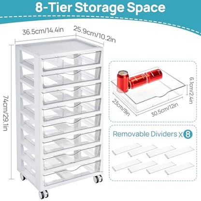 Vtopmart 8 Tier Rolling Cart with Drawers, Clear Plastic | Removable Dividers, Visible Storage, Sturdy Design, For Building Blocks, Toys, Art, Office & Craft Supplies - style: 8 Tier 8 Drawers