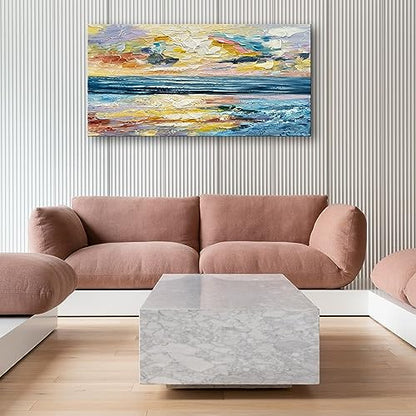 Art Hand Painted Ocean Landscape Oil Painting Sea Sunset Landscape Modern Abstract Art Home Wall Decoration 24x48 Inches - color: Yi031