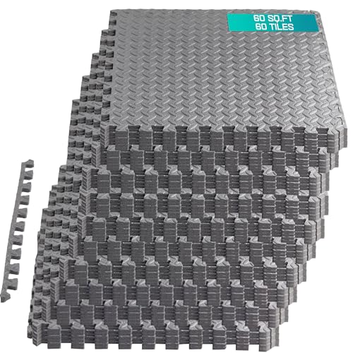 Yes4All 60 SQ. FT Puzzle/Interlocking Exercise Mat Tiles for Home Gym, Exercise EVA Foam Floor Padding with Border for Workout Equipment (Grey) - color: Grey, style: 7/16" Thickness, 60 SQFT