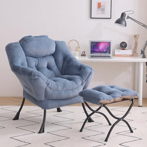 Tiita Lazy Chair with Ottoman, Comfy Reading Accent Chair, Plush Light Blue - color: Plush-light Blue