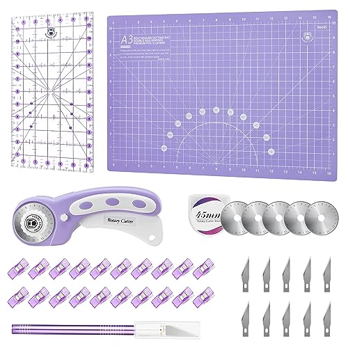Rotary Cutter Set - 45mm Fabric Cutter, 5 Extra Rotary Blades, A3 Cutting Mat, Quilting Ruler and Sewing Clips, Craft Knife Set, Ideal for Crafting, Sewing, Patchworking, Purple - color: Purple, size: A3 Rotary Cutter Set