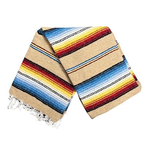 Striped Mexican Baja Blanket - Handmade Serape Throw in Soft Durable Woven Cotton Blend - Great for Beach, Yoga, Camping, Festivals and Home (Mojave Sunset (Tan)) - color: Mojave Sunset (Tan)