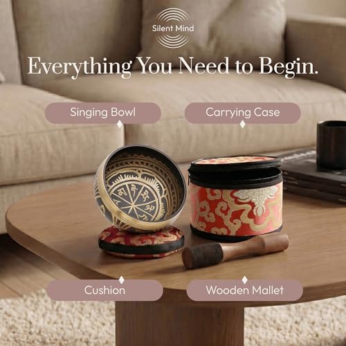 Silent Mind Tibetan Singing Bowl Set – Easy to Play & Beginner Friendly Meditation Bowl with Cushion, Mallet & Case | Stress Relief & Mindfulness | Gift-Ready - color: Antique Light Brown, size: With Case