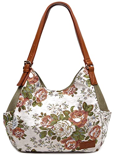Worldlyda Women Canvas Hobo Purse Multi Pocket Tote Shopper Shoulder Bag Casual Top Handle handbag with Embroidery Ethnic - color: Be06army Green Flower