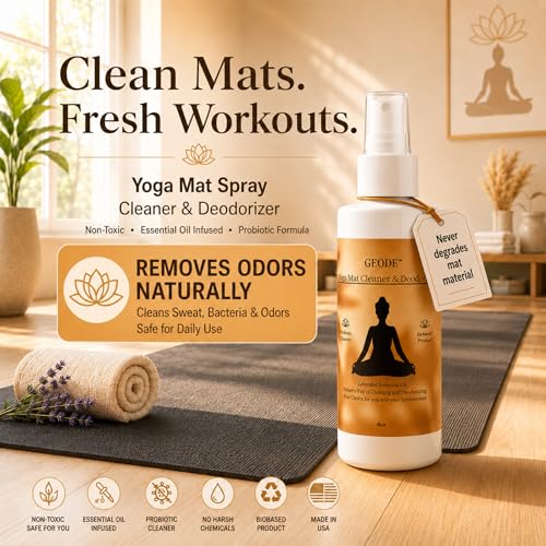Yoga Mat Cleaner & Deodorizer Spray – Lavender Essential Oil Formula for Yoga Mats, Pilates Reformers & Gym Equipment – Natural No-Residue Workout Mat Cleaner, Non-Toxic Daily Cleaning Spray (4oz) - size: 4 Fl Oz (Pack of 1)