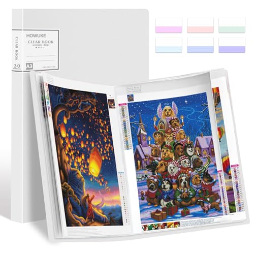 A3 Diamond Painting Storage Book, 60 Views Art Portfolio Presentations Folder with 30 Pages Protectors, 17.3x12.8in - color: White