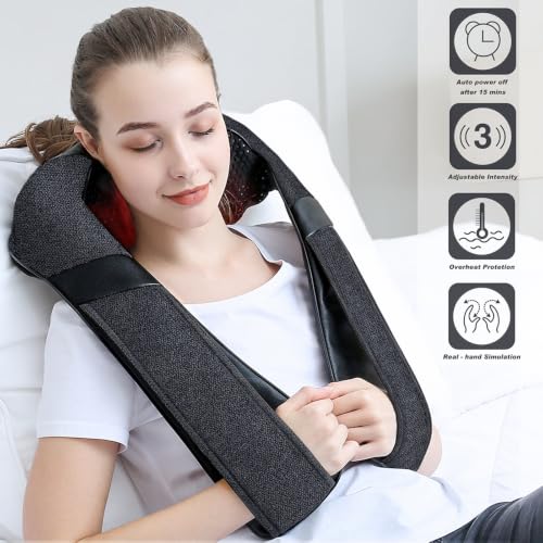 Mirakel Heat Neck Massager for Pain Relief Deep Tissue - Gift for Women Men | Ergonomic 3D kneading nodes, corded design, auto shutoff, Christmas ideal gifts for relaxing use at home, office, or travel - color: Gray