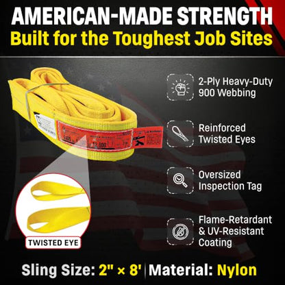 DD Sling (USA Made). 2" wide X (4' to 20' lengths) in Listing! 2 Ply Twisted Eye, Nylon Lifting Slings, Eye & Eye, Heavy Duty (900 webbing), 6,400 lbs Vertical, 5,100 Choker, 12,800 Basket Load Capacity (2inX8ft) - size: 2 in x 8 ft