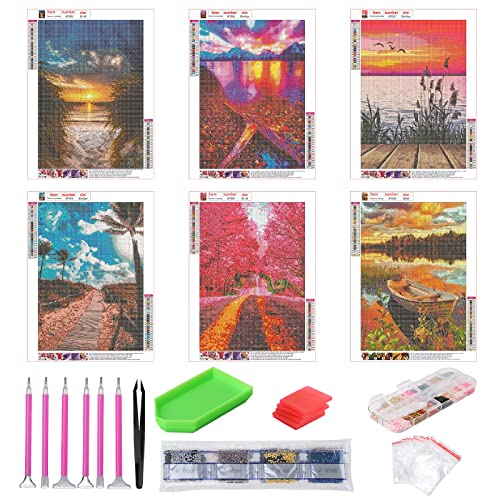 abcGoodefg Diamond Art Paintings Kit 6 Packs, DIY 5D Diamond Art Kits for Adults Landscape Set Round Full Drill Paint by Diamonds, 12x16 inch - color: Landscape