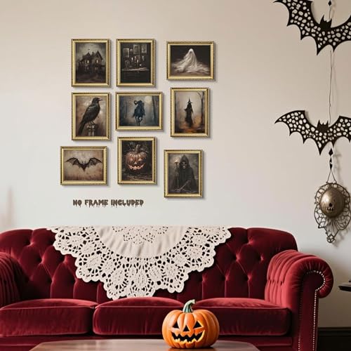 Halloween Posters Wall Art Set of 9, Dark Academia Headless Horseman Wall Decor, Gothic Moody Ghost Paintings, Spooky Witch Raven Canvas Prints Pictures for Living Room Bedroom 8x10 Inch Unframed - color: Dark Halloween, size: 10"L x 8"W