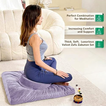 Hihealer Meditation Cushion, Traditional Tibetan Velvet Meditation Pillow | Buckwheat Yoga Bolster, Large Floor Cushion & Pillow for Adults, Zafu Zabuton Set, Zen Meditation Mat - color: Romantic Purple(set)