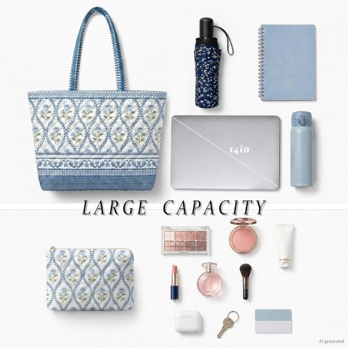 Quilted Tote Bag 2 Pack, Women's Tote Handbags for Work Travel - color: Pale Indigo Blue