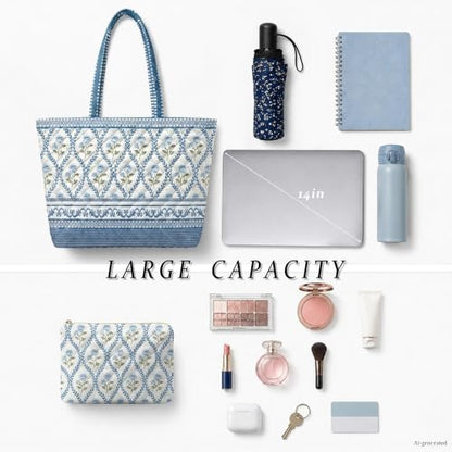Quilted Tote Bag 2 Pack, Women's Tote Handbags for Work Travel - color: Pale Indigo Blue