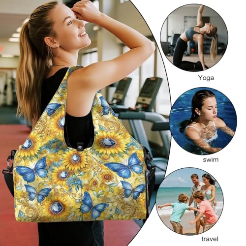 Gym Bag with Yoga Mat Holder Large Tote Bag With Multi Pockets for Women Men Dry Wet Separated Pocket Carryall Yoga Tote Bag for Pilates Travel Workout Office - color: Butterfly