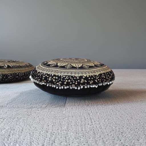 CRAFT KALA 32" Bohemian Floor Pillow Cover Boho Large Round Pouf Cover Mandala Meditation Room Pillows Cover for Adults Seating Poufs Cushion Cover for Kids Playroom Black Gold Trishul - color: Black Gold Trishul