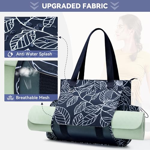 WLLWOO Thick Yoga Mat Bag Women Gym Tote Breathable Mesh Holder Wet Pocket - color: Navy Blue Leaf
