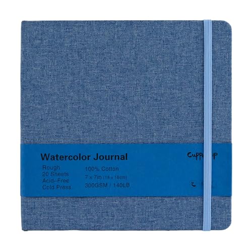 CuppaClip Watercolor Sketchbook, 100% Cotton Rough Watercolor Paper, 20 Sheets Acid-Free Watercolor Journal, 300gsm/140lb for Painting, Drawing, Art Journaling (7×7in) - size: 7×7in