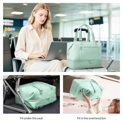 Travel Duffle Bag for Women, 40L Weekender Bags Airline Approved Carry On with Shoe Compartment & Waterproof Wet Pocket, Durable Nylon Weekender Overnight Bag for Travel, Gym, Business Trip, Green - color: Green