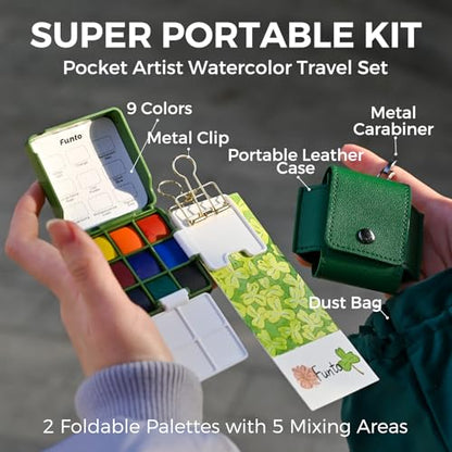 Funto Mini Watercolor Travel Set, Christmas Green Gift Travel Artist Outdoor Sketch Kits with 2 Foldable Palettes, Portable Leather Case and Metal Clip, Kit for Art Lovers - style: Utility Set