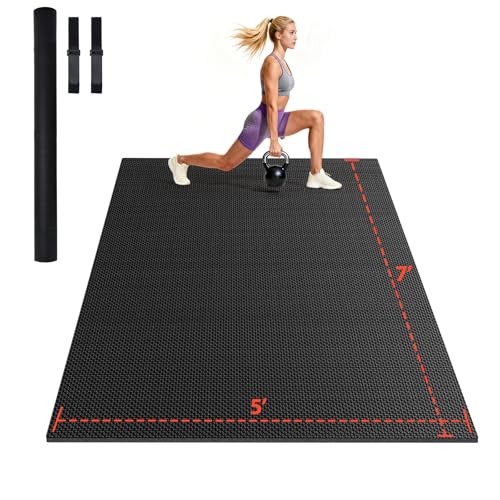 Stepwaver Large Exercise Mat, 6'x4'/7'x5'/8'x5'/9'x5'/10'x5'/12'x5'x8mm | Non-Slip, Ultra Durable, High-Density, Extra Thick Workout Mat for Home Gym Flooring, Cardio, Yoga & Fitness, Shoes-Friendly - size: 7'x 5'x 7mm
