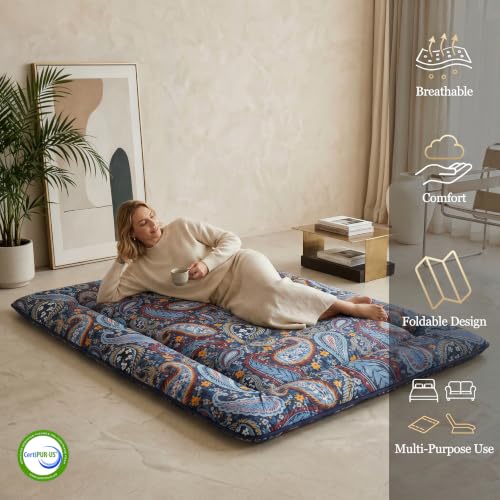 Zelladorra Japanese Floor Mattress, Futon Mattress | Roll Up Tatami Mat with Portable Storage Bag and Washable Cover, Suitable for Camping, Guest Room, Navy Paisley - color: Navy Paisley( 4"th + Dust Cover ）, size: Queen (80"L x 60"W)
