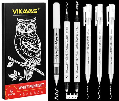 6PCS White Gel Pens for Dark Paper – 3 Fine Gel Pens (1.0mm, 0.8mm, 0.5mm) + 2 Dual-Tip Acrylic Paint Pens + 1 Liquid Ink Brush Pen for Adult Artists Journaling, Illustration, Lettering - style: 6 sizes