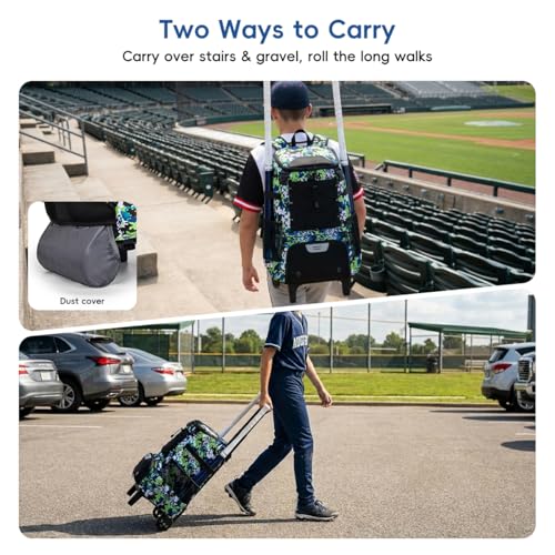 KAVIGOR 2-in-1 Rolling Baseball & Softball Bag, Detachable Backpack, Roll or Carry, Dual-Pole Anti-Tip, 3.5" Wheels, No Tools Setup - color: Green Camo