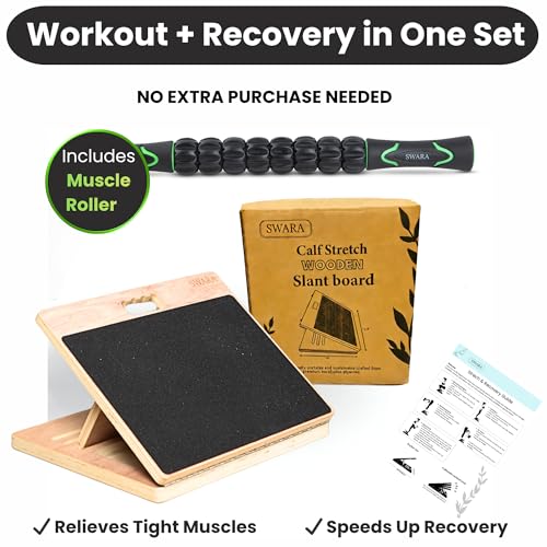 Swara 12.6″ Wooden Slant Board for Calf Stretching & Exercise, Foldable | Adjustable Calf Stretcher with Guide, Bonus Muscle Roller, Ankle Mobility Support, 400lb Capacity and Stable Foldable Design - size: 12.6x14 Inch