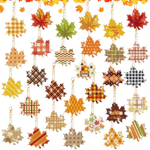 WILLBOND 30 Pcs Fall Thanksgiving Diamond Art Keychains for Adults, Maple | Fall Diamond Art, Double Sided, DIY Maple Leaf, Fall Diamond Painting Keychain Ornaments Kits for Adults Crafts Gifts Decor - color: Maple Leaf