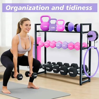 Weight Rack, 3-Tier Gym Organization for Home Gym with Shelf & Hooks