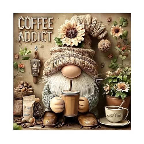 DIYDECORFUN 5D Diamond Art Painting Kits for Adults,Gnome Drinks Coffee Diamond Painting for Beginner, DIY Full Drill Round Coffee Addict Paint by Diamond Dot Gem Arts for Home Decor 12x12IN - color: QD98