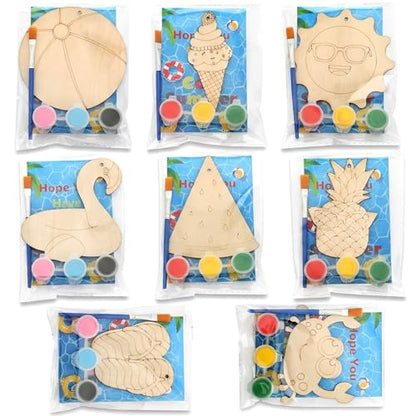 Saypacck 24 Pcs Summer Beach Party Favors Wooden Paint Craft Kits | Hawaiian Theme Kids Crafts, Includes Paints Brushes Organza Bags, Goodie Fillers for Preschool Birthday Gifts - style: Summer