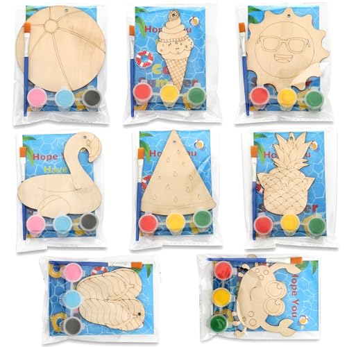 Saypacck 24 Pcs Summer Beach Party Favors Wooden Paint Craft Kits | Hawaiian Theme Kids Crafts, Includes Paints Brushes Organza Bags, Goodie Fillers for Preschool Birthday Gifts - style: Summer