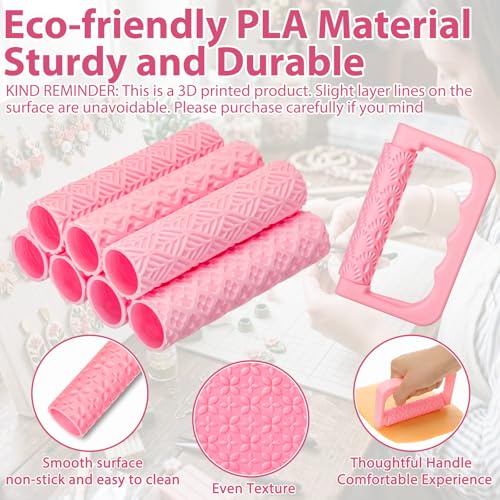 Leriton 9 Pcs Clay Texture Roller Set with Handle, 8-Pattern 3D-Printed Miniature Texture Rollers for Clay, Miniatures, Tabletop, Pottery (Floral) - style: Floral